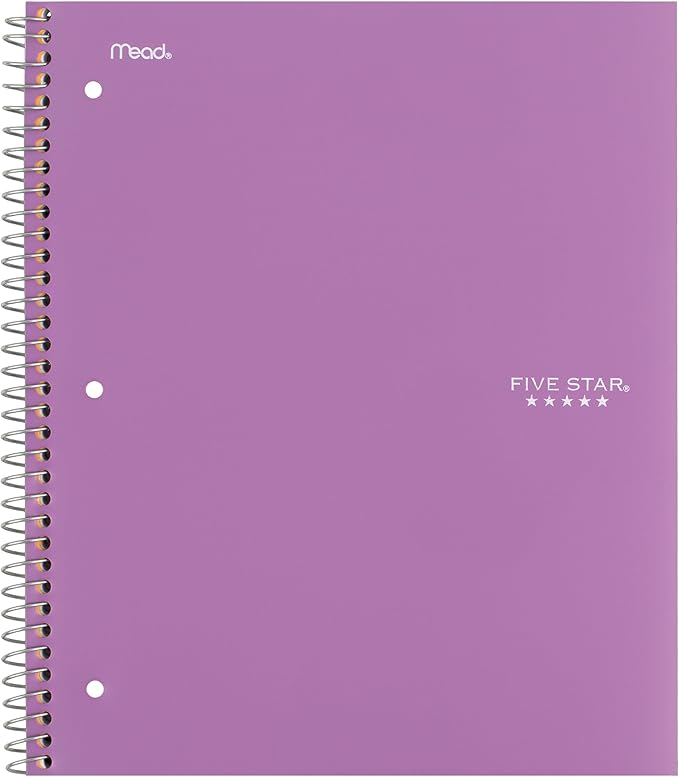 Five Star Spiral Notebook + Study App, 5 Subject, Wide Ruled Paper, 8" x 10-1/2", 200 Sheets, Fights Ink Bleed, Water Resistant Cover, Amethyst Purple (38739)