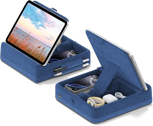 KDD Tablet Pillow Stand with Storage, Foldable iPad Holder for Lap, Desk and Bed, Angle Adjustable Soft Pad Dock with Stylus Mount Compatible with iPad Pro, Air, mini, Book, Phone and Tablet (4-13")