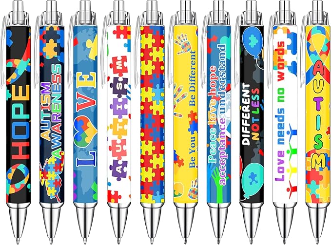 Idealmuzik Autism Awareness Ballpoint Pens, 10 Pack – Inspirational Quote Pens with Puzzle & Heart Designs, Encouraging Writing Pens for Office, School, Events & Everyday Use
