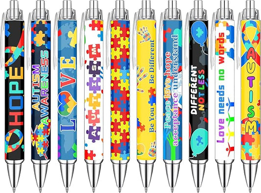 Idealmuzik Autism Awareness Ballpoint Pens, 10 Pack – Inspirational Quote Pens with Puzzle & Heart Designs, Encouraging Writing Pens for Office, School, Events & Everyday Use
