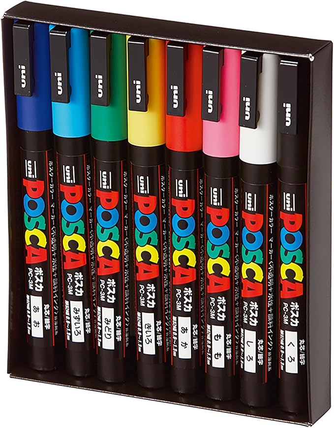 uni POSCA PC-3M Water-Based Paint Markers, Reversible Fine Tip (0.9-1.3mm), Assorted Colors, 8 Pack