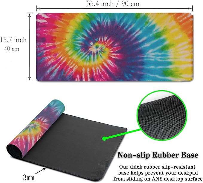 Gaming Mouse Pad Yellow Big Desk Mat Large Mousepads Desktop Mat Table Extender Non-Slip Rubber Base Waterproof with Stitched Edges 35.4" X 15.7" for Game Office, Rainbow Tie Dye