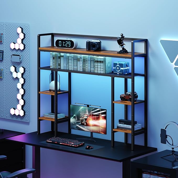 Desktop Shelf with LED Light Strip, Desktop Hutch with Adjustable Feet and Anti-Tip Kit, Storage Shelf with Particleboard Shelves and Wire Mesh, for Study, Home Office, Rustic Brown DSHR9801