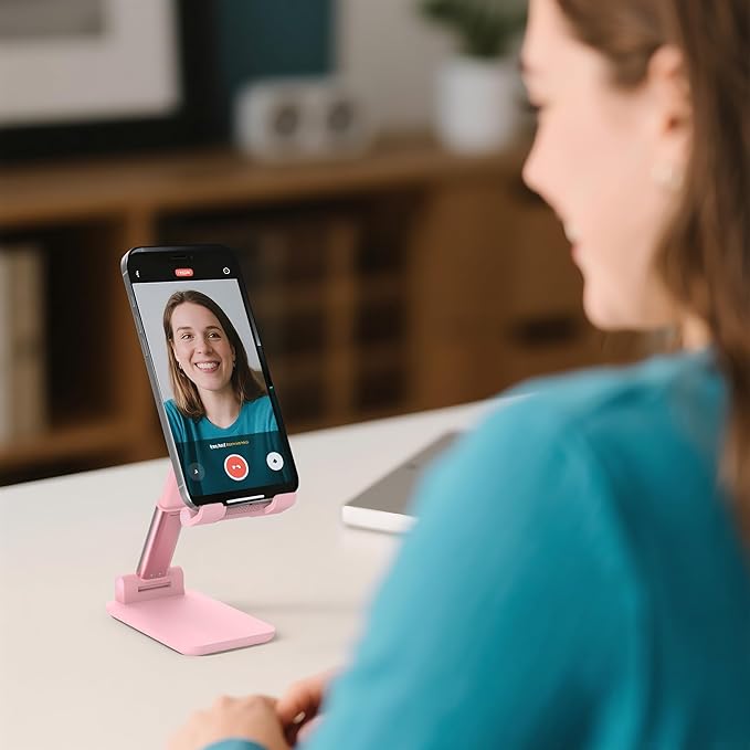 Cell Phone Stand, Angle Height Adjustable Cell Phone Holder for Desk, Fully Foldable with Silicone Pad, Compatible with iPhone and All Mobile Phones Tablet, Sturdy Weighted Base (Pink-2)