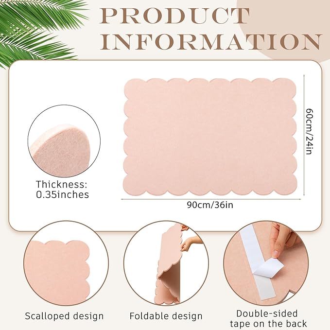 Scalloped Felt Bulletin Board 36 x 24 Inches Foldable Flesh Pink Pin Cork Board Alternative for Wall, 3' x 2' Trifold Picture Vision Self Adhesive Bulletin Decorative