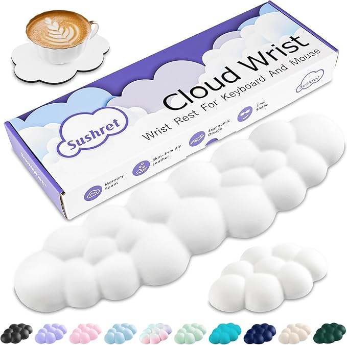 Cloud Wrist Rest Keyboard, Cloud Keyboard Wrist Pad Set with PU Leather Memory Foam, Cute Arm Rest for Palm Support, PC/Gaming Desk Accessories/Office Setup/Computer Hand Cushion - White