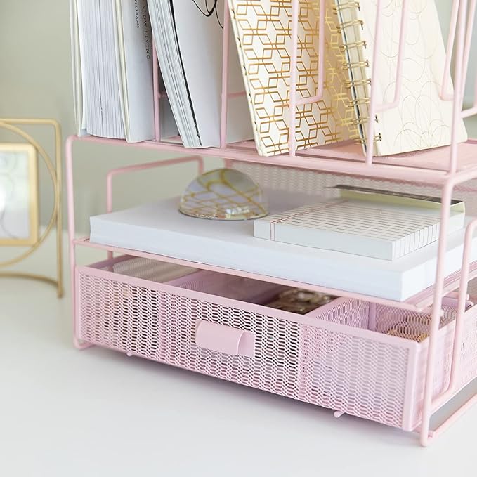 BLU MONACO | Pink Desk Organizer with Drawer | Wire Mesh Desk Organizer File Sorter | Metal Desktop Storage for Office Workspace