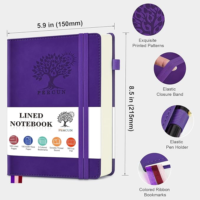 Lined Journal Notebook for Men & Women, 160 Pages College Ruled Journal for Writing, A5 Hardcover Leather Notebooks for Work, School, Business, Travel, Daily Diary 5.9" x 8.5" (Purple)