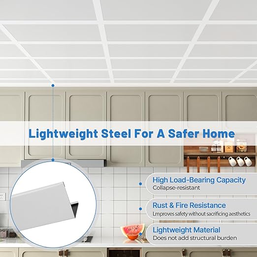 50 PCS 72 Inch Wall Molding Trim Drop Ceiling Grid System 6Ft Galvanized Steel Rust & Fire Resistance Easy Installation Ideal for Basement Living Room Kitchen Bathroom White
