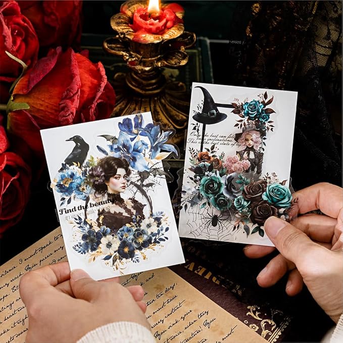 120Pcs Dark Aesthetic Gothic Floral Transparent PET Journaling Stickers, 6 Pack Black Rose Goth Style Themes Decorative Stickers for Scrapbooking, Junk Journals, Planner, Collage, Bujo