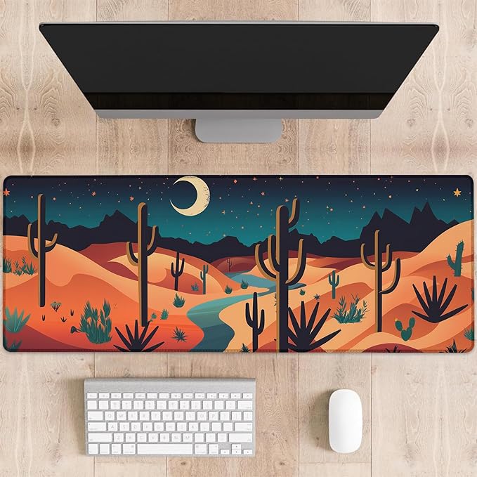 Desert Night Gaming Mouse Pad, Stylized Cactus Landscape Large Desk Mat for Computer, Extended Keyboard Laptop Mouse Pads 31.5×11.8in, Non Slip Rubber Mousepad for Office Decor Gifts