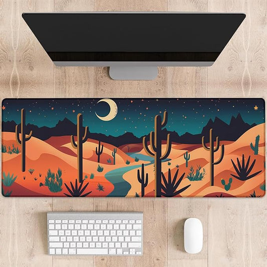 Desert Night Gaming Mouse Pad, Stylized Cactus Landscape Large Desk Mat for Computer, Extended Keyboard Laptop Mouse Pads 31.5×11.8in, Non Slip Rubber Mousepad for Office Decor Gifts