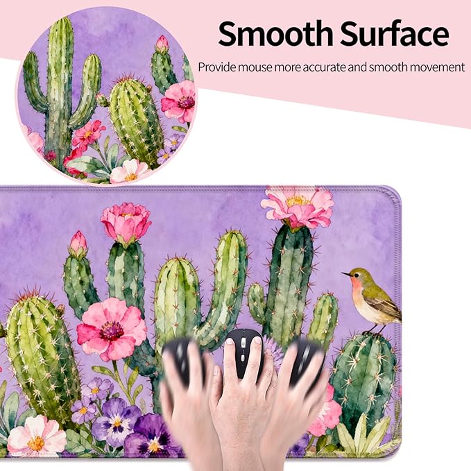 Beautiful Purple Watercolor Cactus XL Large Desk Mat, Extended Long Floral Aesthetics Desk Pad for Gaming and Office, Non-Slip Rubber Base, Comfortable Surface Mouse Pad, 31.5x11.8 in (H08)