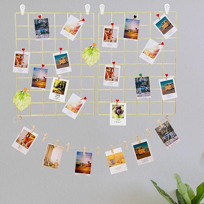 DIJIAHUA 2 Pack Wall Grid Panel Wire Photo Wall Pictures Display Board with Accessory Wall Storage Organizer Memo Board Over Desk Décor for Home, Office and Dorm (Gold)