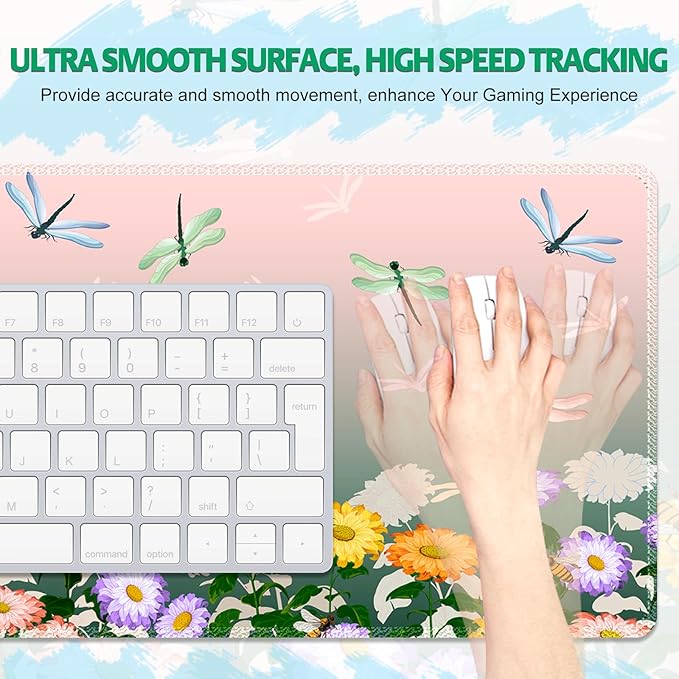 Pink Green Desk Pad Mouse Pad, Large Gaming Mouse Mat with Stitched Edges, Non-Slip Waterproof Rubber Base Mous Mat for Women Office Computer Keyboard Laptop Home (35.4X17.5 in), Floral & Dragonfly