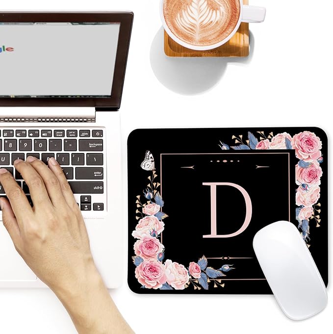Letter D Black and Pink Flowers Square Mouse Pad, Mouse Pad with Stitched Edge and Non-Slip Rubber Base,Mouse Mat,Home Office Decor Desk Accessories,9.4x7.8x0.12 inch Square Mouse Pad
