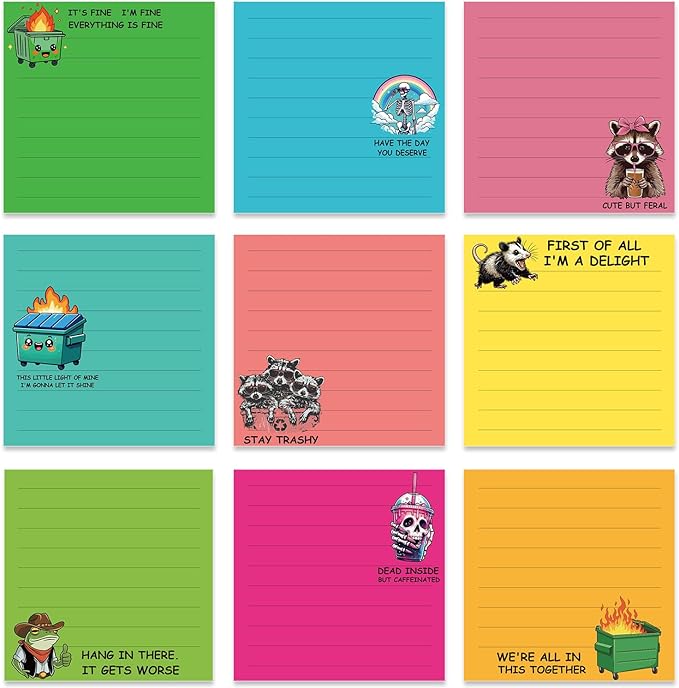 Funny Sticky Notes Gifts - 9 Pack Colorful Fun Notepads for Work 3x3 Inch, Sarcastic Self-Adhesive Memo Pads, Fun Work Gag Gifts for Coworkers School Office Supplies (450 Sheets)