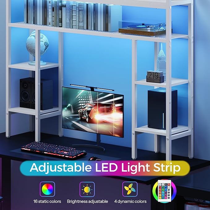 Desktop Shelf with LED Light Strip, Desktop Hutch with Adjustable Feet and Anti-Tip Kit, Storage Shelf with Particleboard Shelves and Wire Mesh, for Study, Home Office, White DSWT9801