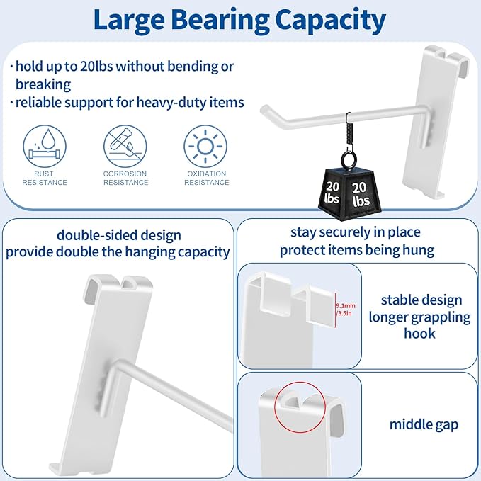 20Pcs Gridwall Hooks, Metal Grid Panel Hanging Peg Hooks, Grid Wall Accessory for Clothes Storage, Home Organization, Retail Display (White, 8"/20Cm)