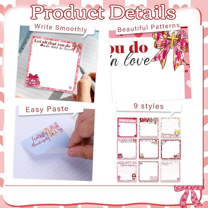 Valentines Day Sticky Notes Gifts - 9 Pack Christian Valentine Day Notepads 3x3 Inches, Pink Love Self-Adhesive Memo Pads, Valentine Galentines Office Study Supplies (450 Sheets)