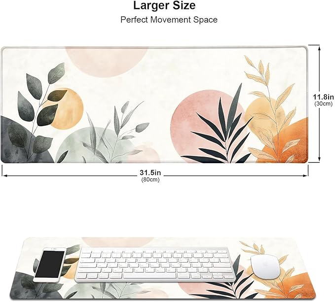 Vintage Cute Boho Large Mouse Pad, Desk Mat Computer Keyboard Pad Non-Slip Rubber Base Waterproof with Stitched Edges for Laptop Gaming, Office & Home 31.5 x 11.8 Inch