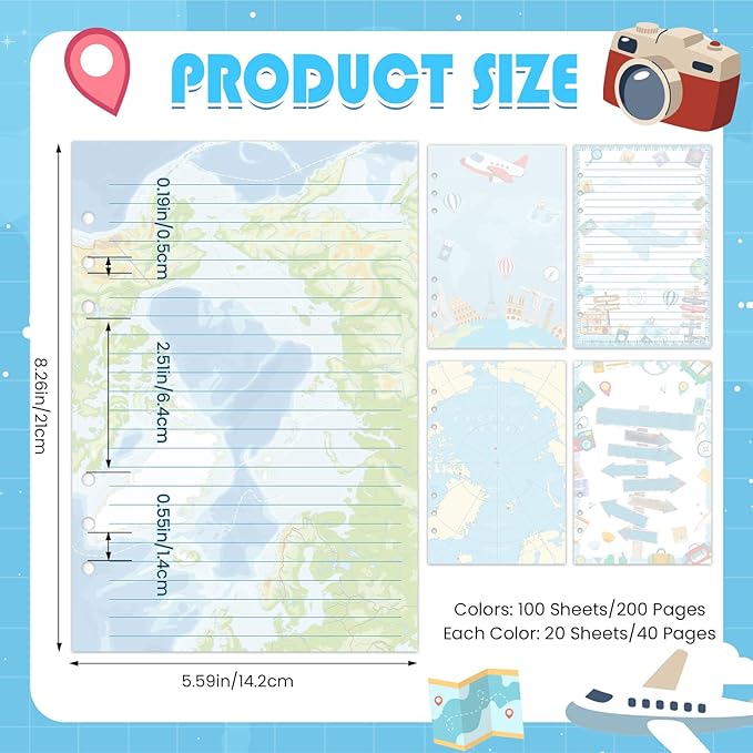 100 Sheets A5 Planner Inserts - 120GSM Thick Travel Refill Papers for A5 6-Ring Binder, Cute World Map Loose Leaf Sheets for Journal Diary Notebook Creative Planning Budget