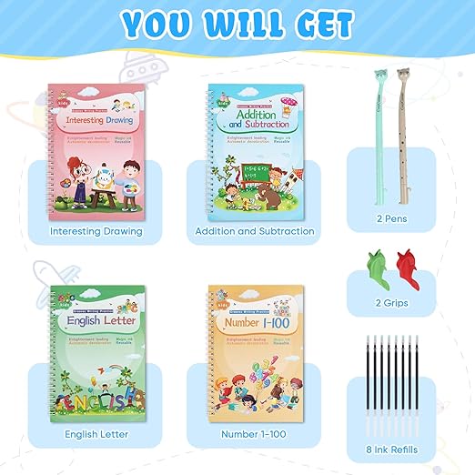 Magical Handwriting Workbooks Handwriting Practice Copybook, Handwriting Aid Magic Pen Reusable Copybook Grooves Template Design for Children Books Suitable for Children's Learning (4)