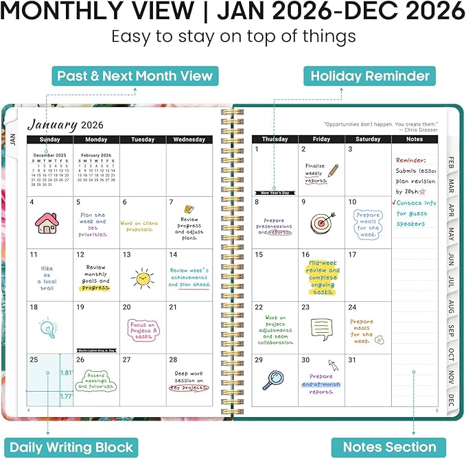 2026 Planner, Weekly and Monthly Calendar Planner Book, January 2026 - December 2026, Hardcover Spiral Planner with Monthly Tabs, Notes Pages, Perfect for Women & Men, A4 (8.5" x 11") - Oil