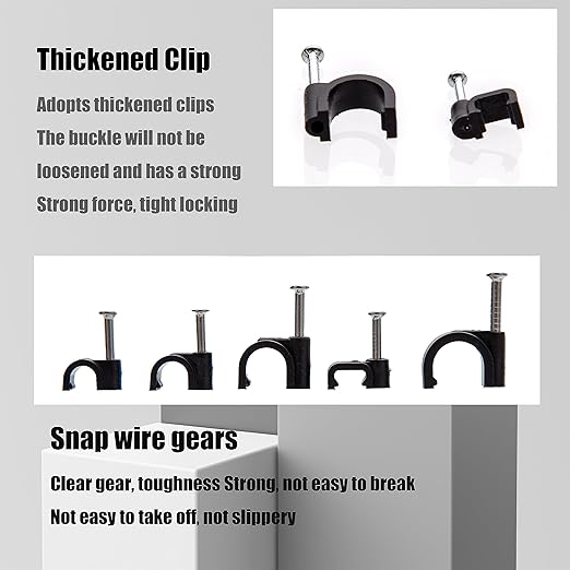 700 Pcs Cable Clips with Steel Nails, Nail in Cable Clips, Black 4/5/6/8/10mm Cable Wire Clips, Cable Wall Clips, Wire Staples Cord Clips with Nails for Speaker Ethernet Cords Wires
