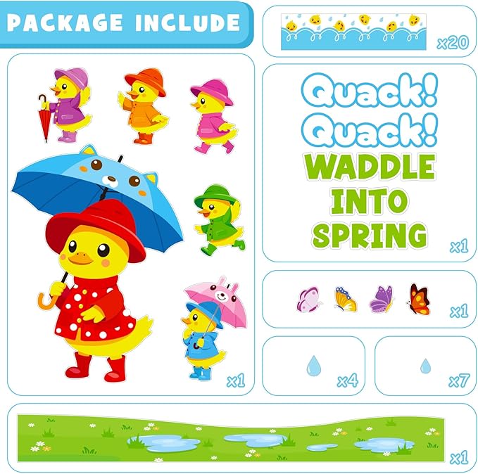 Spring Bulletin Board Decoration Set, Yellow Duck Quack Classroom Decorations Duck Butterfly Umbrella Cutouts March April Library School Nursery Home Window Wall Chalkboard Door Decor for Teacher