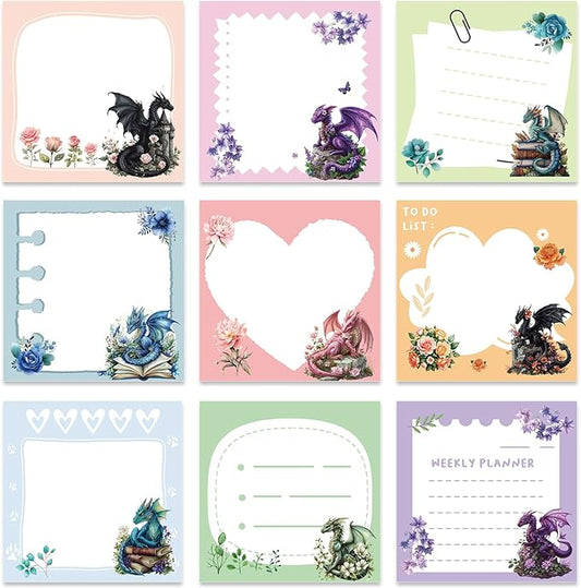 Dragon Sticky Notes Gifts - 9 Pack Colorful Dragon Notepads 3x3 Inch Gifts, Funny Animals Self-Adhesive Memo Pads Office School Supplies for Students Coworkers (450 Sheets)