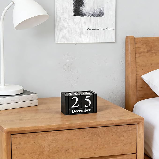 Notakia Black Wooden Block Calendar, Perpetual Desk Calendar, Stylish and Durable Block Calendar for Home and Office