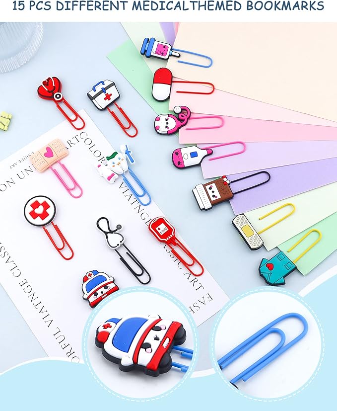 15 Pcs Cute Bookmark Paper Clips Cartoon Silicone Bookmarks with Colorful Paperclips for Girls Student Stationery Nursing Student Essentials