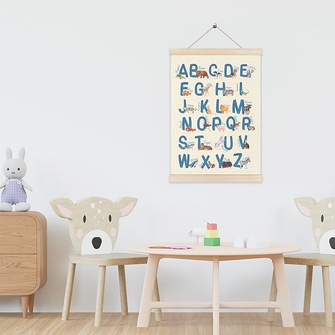 Koesus Animal Alphabet Learning Wall Art Poster Hanger Frame 12x16 Inch, ABC Alphabet Educational Canvas Pictures Prints Framed Wall Decor for Toddler Kids Room Nursery Preschool Classroom Playroom
