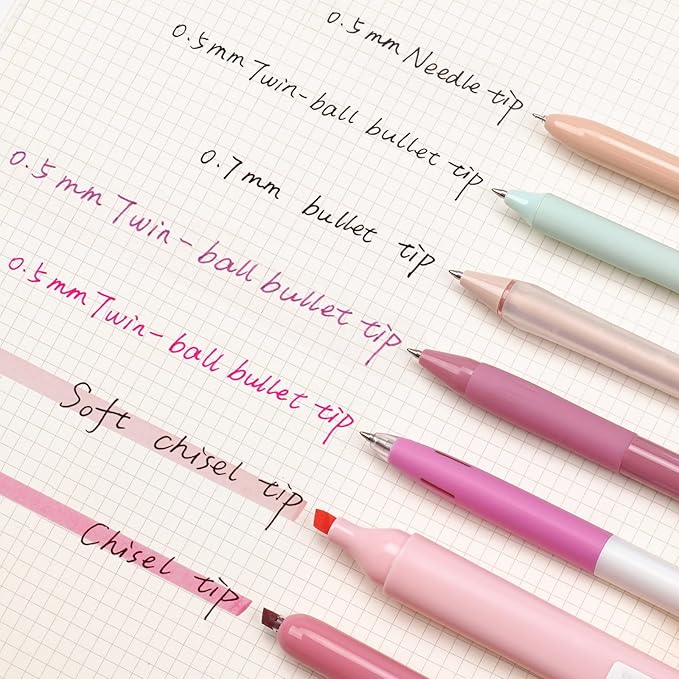 WRITECH Gel Pens Journaling Highlighters: Journal Set Aesthetic Assorted Pastel Color Ink 0.5mm Fine Point Retractable 0.7mm Black Pen Smooth Writing Drawing No Bleed 7ct (Pink)