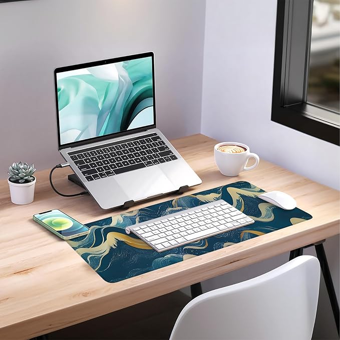 Abstract Waves Extended Mouse Pad XL 31.5"x11.8" – Elegant Blue Gold Desk Mat – Non-Slip Rubber Base, Stitched Edges