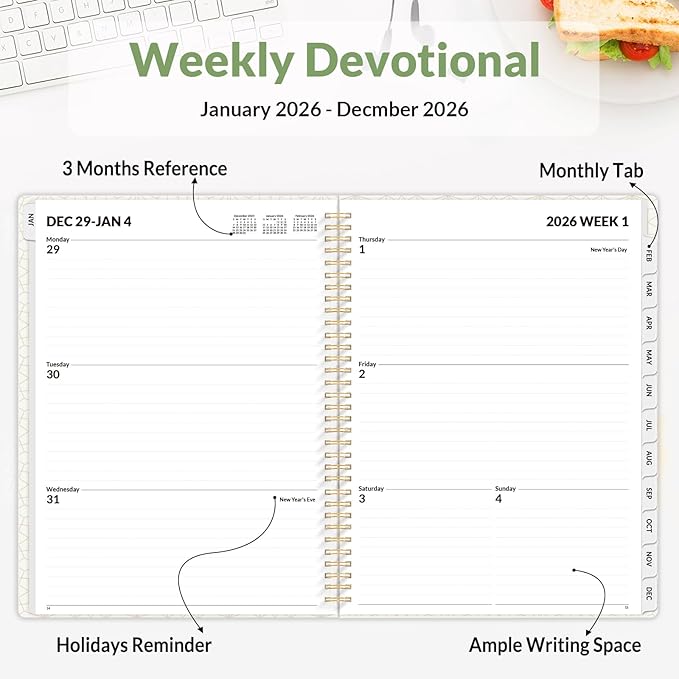SUNEE 2026 Planner, Weekly and Monthly Calendar Planner, January 2026-December 2026, Daily Agenda with Tabs, Note Pages, Spiral Binding, 8.5"x11", Sage Green