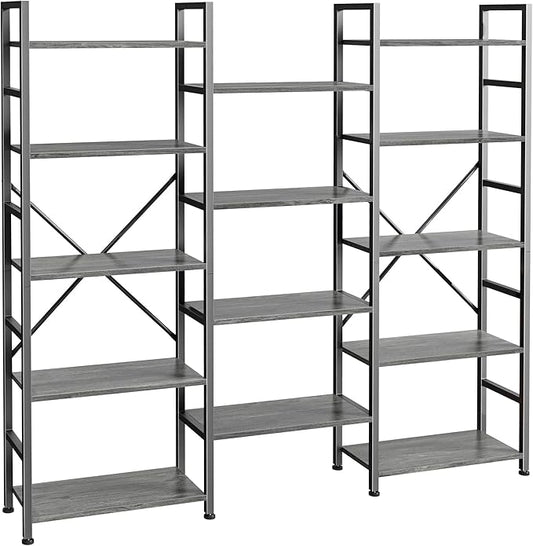 SUPERJARE Triple Bookshelf, Bookcase with 11 Open Display Shelves, Wide Book Shelf Book Case for Home & Office, 5 Tier, Grey