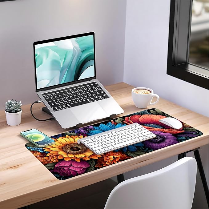 Flowers Extended Gaming Mouse Pad 35.4x15.7Inch Large Desk Mat Anti-Slip Rubber Base & Durable Stitched Edges for Gamers Smooth Mouse Writing Surface for Desk Office/Home