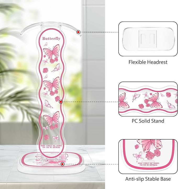 CamyCosy Headphone Stand Gaming Headset Holder for Desk,Pink Butterfly Pattern Clear Cellphone Stand Earphone Stand Desk Accessories for All Headphones Size