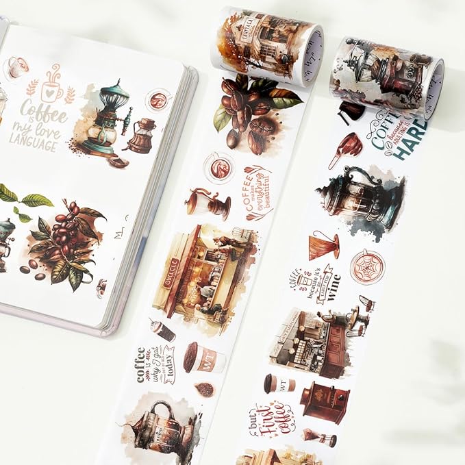 WT Caffeine Canvas Wide PET Tape, Single Roll, Original Designs, Watercolor Vintage Cafe Decorative Transparent Tape, Journal Scrapbook Bujo Planner DIY Craft Supplies, Coffee Theme