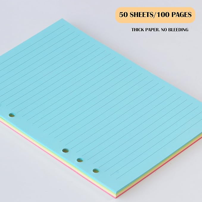 A5 Colorful Lined Filler Paper, 6-Hole Punched, 120GSM Loose-Leaf Paper and Planner Inserts for Notebooks, Journals, and Study Notes,50 Sheets/100 Pages