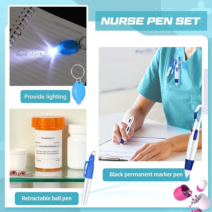6 Pcs Nurse Pen Set Include Permanent Marker Pen Retractable Ballpoint Pen Keychain Clip Foldable Scissors Lights LED Flashlight Keychain for Nurse Accessories(Blue)