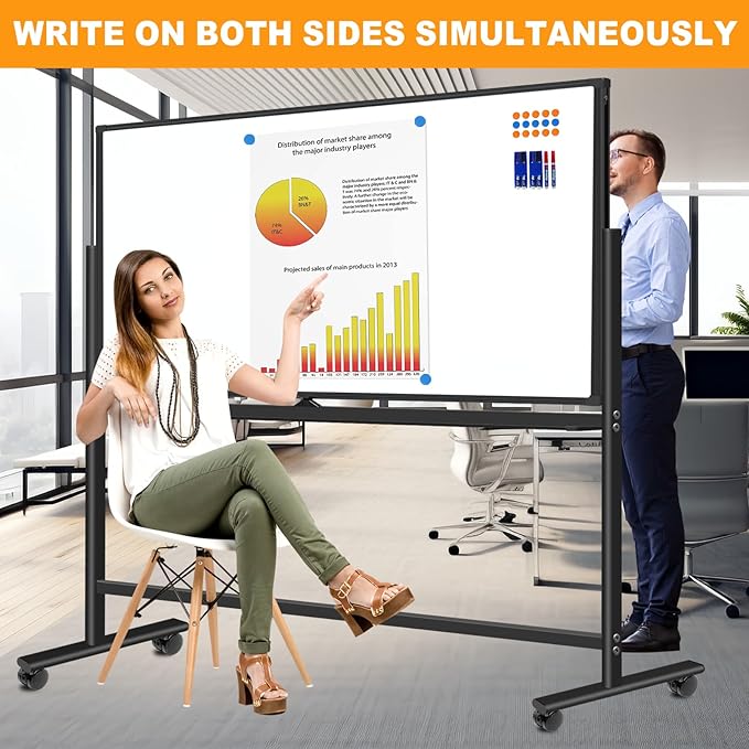 Rolling Whiteboard on Wheels 72"x48", Double-Sided Dry Erase Board with Stand, Big White Board with Stand Portable Magnetic Mobile White Board with 2 Eraser, 6 Markers, 20 Magnets