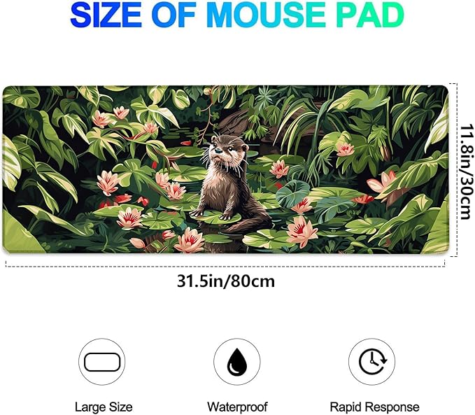 Tropical Otter Gaming Mouse Pad, Extended Cute Otters and Water Lilies Desk Mat Computer Laptop Mousepad, Robust Stitched Edges, 31.5"×11.8" Large Office Keyboard Mouse Pads for Desktop Decor