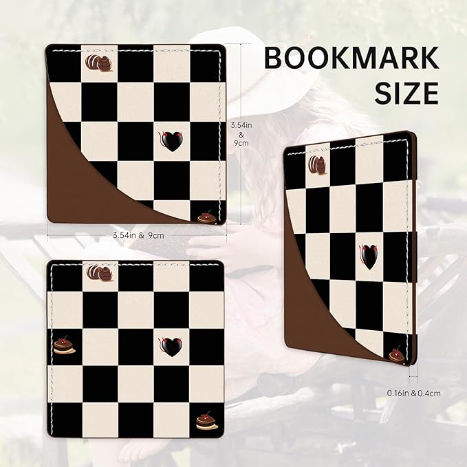 2 Pack Black and Pink Checkered Leather Book Corner Bookmark, Durable Handmade Reading Accessories - Gifts for Readers, Women, Men, Teachers, Students