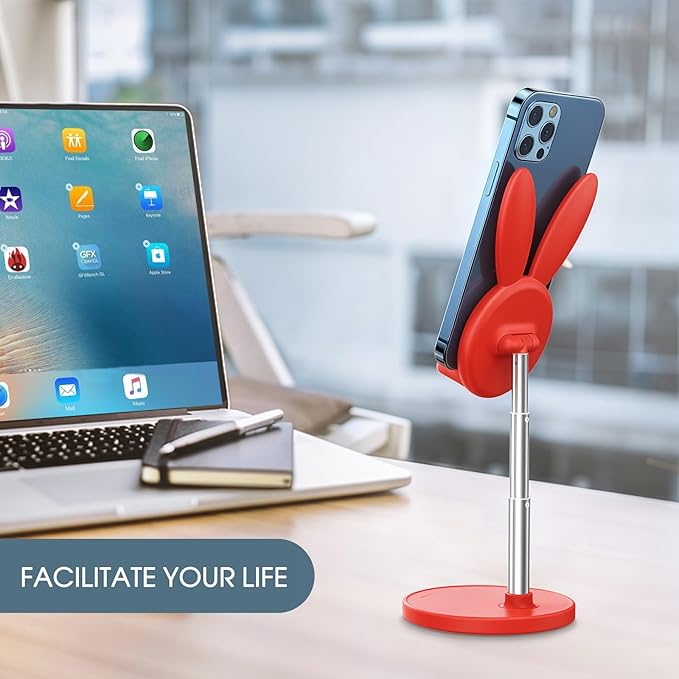 OATSBASF Cute Cell Phone Stand, Adjustable Bunny Phone Stand for Desk, Thick Case Friendly Holder Compatible with iPhone, Kindle, iPad, Switch, All Phones (Red)