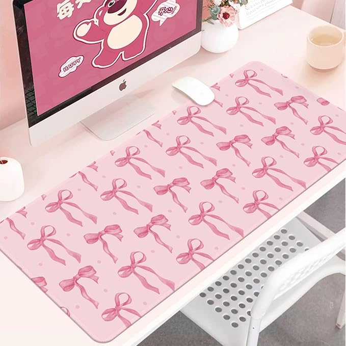 Pink Desk Mat, Pink Bow Keyboard and Mouse Pad Computer Mat, Non-Slip Rubber Base Extra Large Gaming Mouse Pad for Laptop, Cute Office Essentials School Supplies Desktop Decor for Girls 31.5 x 11.8in