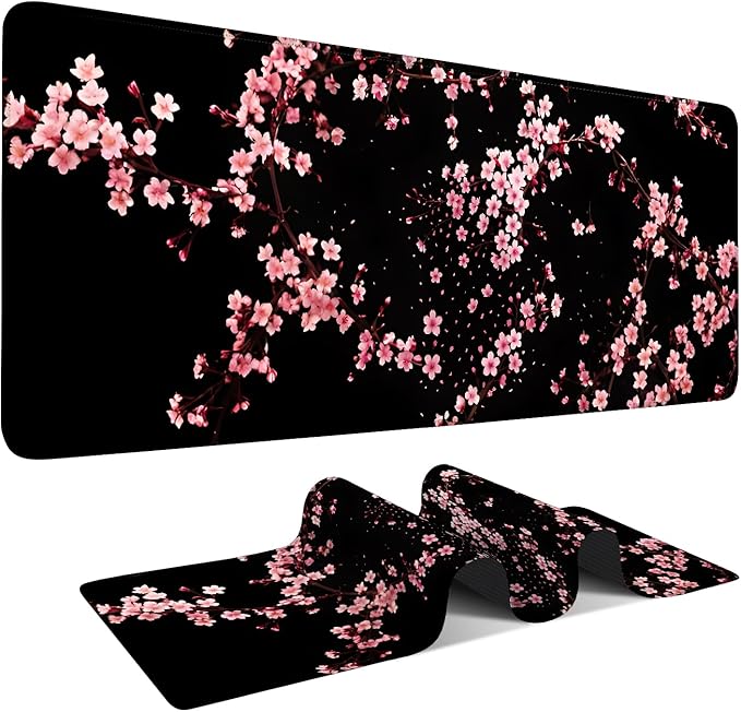 Cherry Blossom Falling Extended Gaming Mouse Pad XL 31.5"x11.8" – Pink Floral Desk Mat – Non-Slip Rubber Base, Stitched Edges