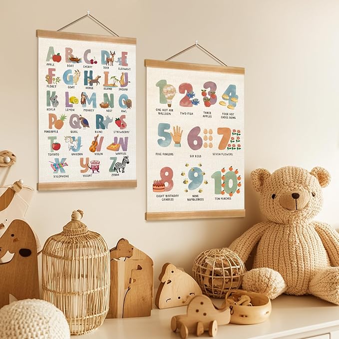 ZTGDA Cute Alphabet Numbers Poster Set of 2, Alphabet Numbers Wall Art, ABC Banner Poster, Wall Hanging Decor for Toddler Room Playroom Nursery Wall Classroom Decor 12x16In(ABC+123)